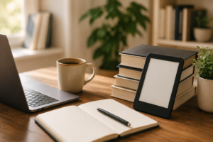 Espacio de trabajo de escritor independiente con portátil, libros, libreta y Kindle relacionado con la publicación de libros en Amazon KDP.