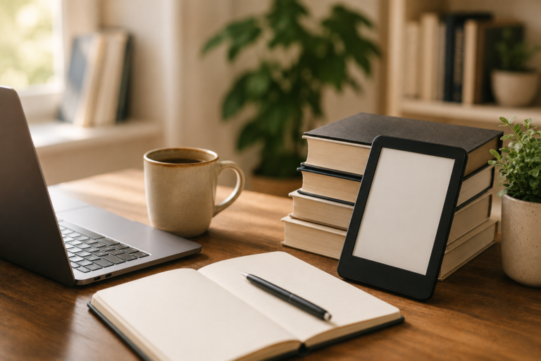 Espacio de trabajo de escritor independiente con portátil, libros, libreta y Kindle relacionado con la publicación de libros en Amazon KDP.